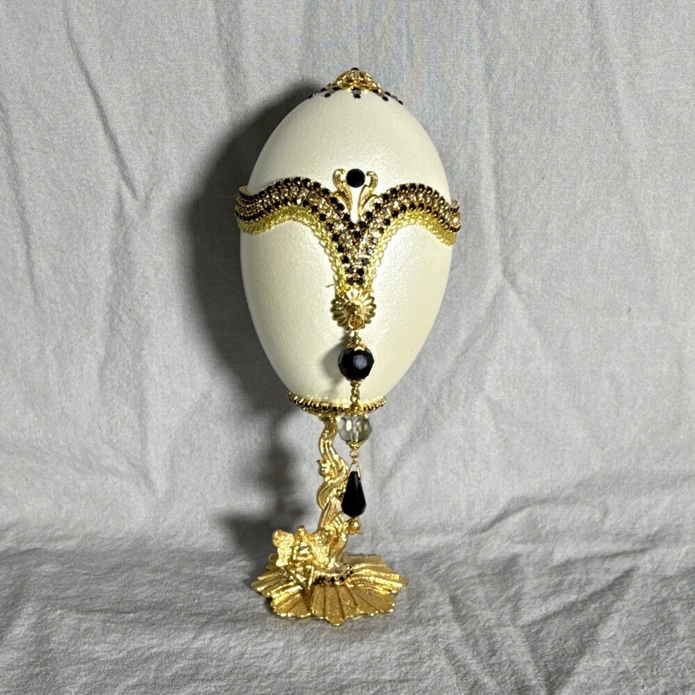 Jeweled Hinged Egg Trinket Box Metal Gold Tone White/Black Bee Stand Base